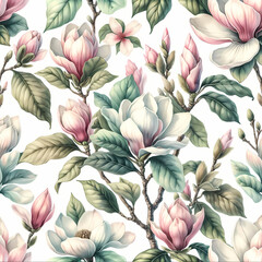 Create a watercolor seamless wallpaper pattern featuring magnolia flowers and leaves