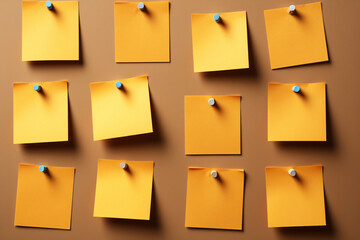 Nine post-it notes on brown background one is yellow - obrazy, fototapety, plakaty