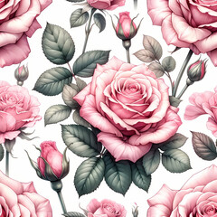  A seamless pattern featuring hand-drawn pink roses using a watercolor technique.