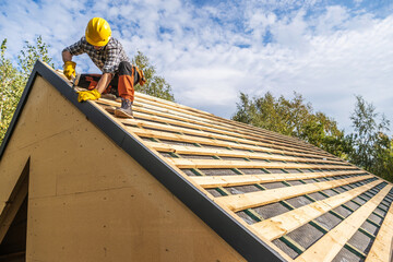 Professional Construction Worker Assembling Roof Wooden Elements