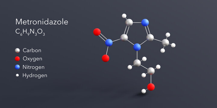 metronidazole molecule 3d rendering, flat molecular structure with chemical formula and atoms color coding