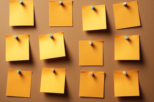 Nine post-it notes on brown background one is yellow