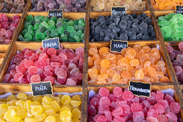 Colorful assortment of sugar homemade candies with different fruit flavors in a food...