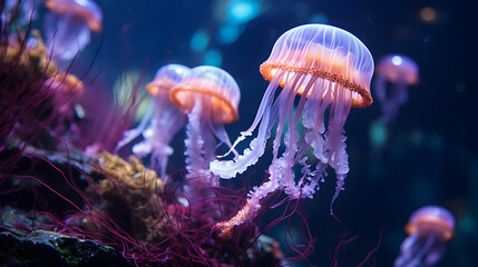 Obraz premium A serene jellyfish exhibit, with softly glowing bioluminescent creatures as the background context, during a peaceful nocturnal aquarium experience