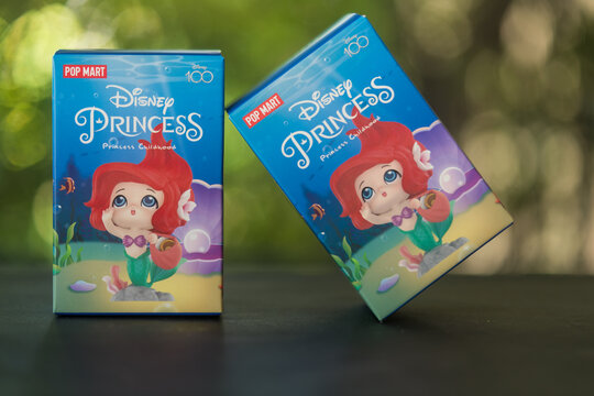 Bangkok, Thailand - November 6, 2023: Two box of POP MART Disney 100th anniversary Princess Childhood Series Figures Blind Box against nature background