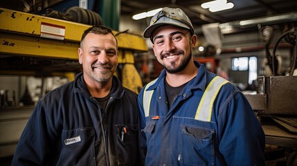 Two smiling male mechanics working together in the workshop