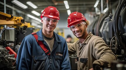 Two young electrician students smile while doing work practices, vocational training concept.