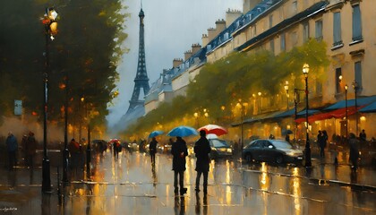 パリの美しい街並みを描写した絵画、雨に濡れた街とエッフェル塔｜A painting depicting the beautiful streets of Paris, the rain-soaked city and the Eiffel Tower. Generative AI