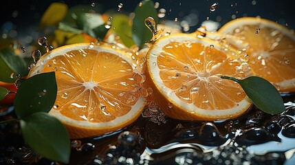 Closeup, slices of fresh juicy oranges, sprinkled with water drops.