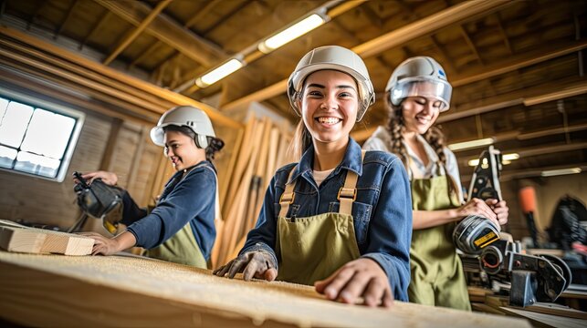 THree young female carpenters smiling at workshop