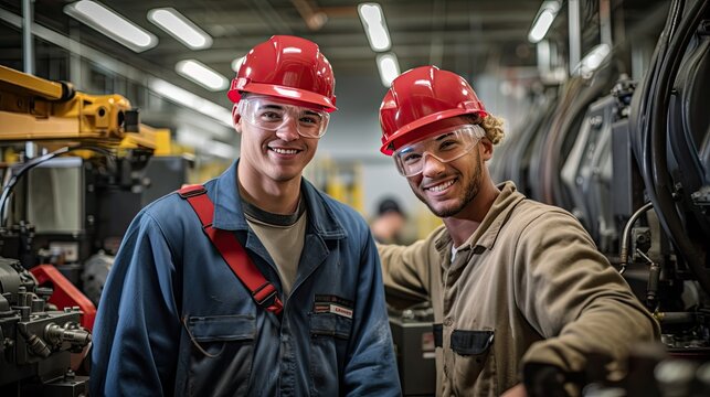 Two young electrician students smile while doing work practices, vocational training concept.