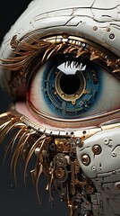 Close Up, iris of a human eye made with electronic circuits and components, bionic eye.