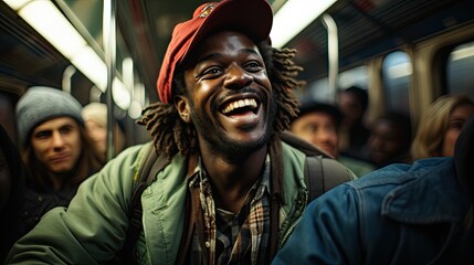 Happy black man smiling sitting on the subway wagon - obrazy, fototapety, plakaty