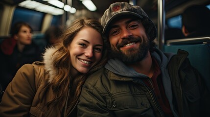Happy young couple on the subway wagon.