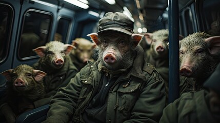 Pigs dressed in military uniform inside a subway wagon. - obrazy, fototapety, plakaty
