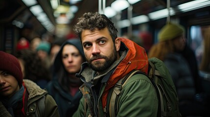 Fototapeta premium Man with serious face expression inside the wagon of the subway.