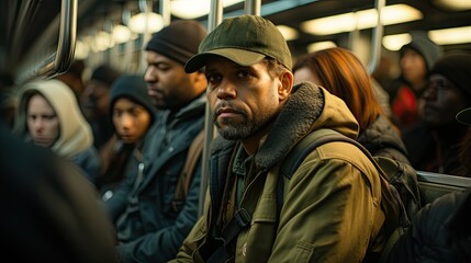 Man with serious face expression inside the wagon of the subway. - obrazy, fototapety, plakaty