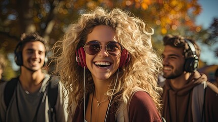 Cheerful young woman wearing headphones outdoors.