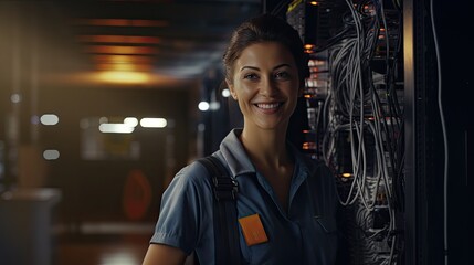 Portrait of a young female electrician working next to an electrical panel.