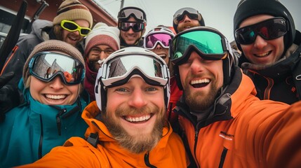 a group of people wearing ski equipment takes a selfie together. generative ai