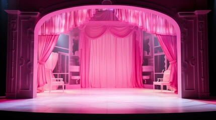A stage with a white curtain that says " pink and white " on it. generative ai