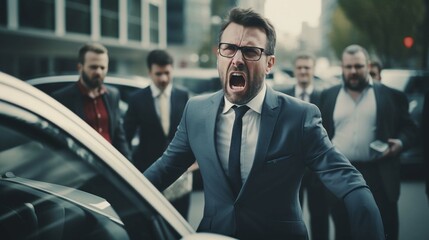 An angry male car driver yells at other drivers and pedestrians who obstruct traffic, a mature adult businessman in a business suit. generative ai