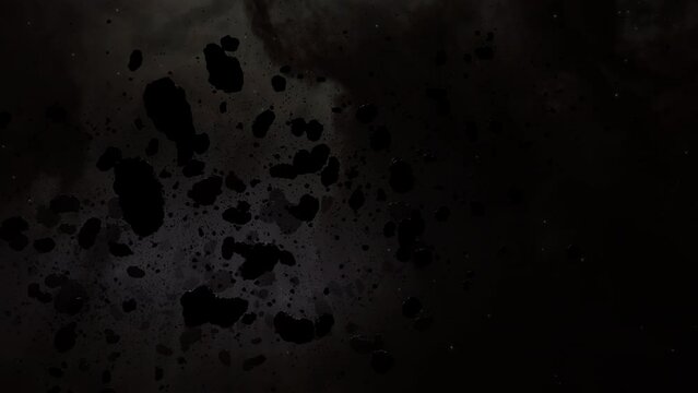 Asteroid belt field in dark outer space. 3D animation wide arc tracking shot. Rock formations of cosmic debris and giant Meteorites. Celestial objects on stars background. Dust nebula haze low light.