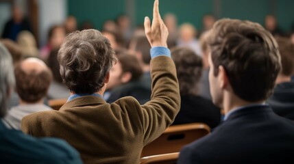 Back view of older student raising his hand to answer teacher's question during education training class. generative ai
