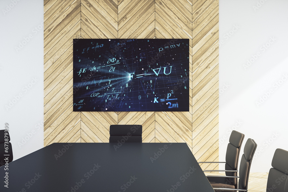 Poster Creative scientific formula concept on presentation screen in a modern conference room. 3D Rendering