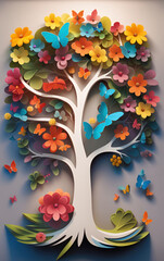 Multicolor flower with leaves and butterflies above on the tree illustration Background. 3D abstraction interior mural painting wall art, Generative AI
