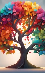 Colorful tree with leaves on hanging branches illustration background. 3d abstraction wallpaper. Floral tree with multicolor leaves, Generative AI