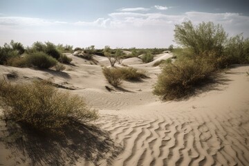 Fototapeta na wymiar Dry landscape with sand dunes and sparse vegetation. Generative AI
