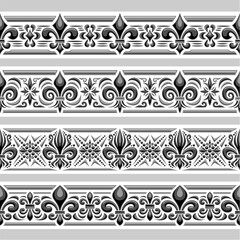 Vector Fleur de Lis Ornament, seamless borders with illustration of grey embroidery fleur de lis art patterns, horizontal repeat border with elegant monochrome ornament on white background for divider © mihmihmal