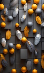 3d mural wallpaper for wall. Gray squares in background with colored Feathers and golden balls, Generative AI