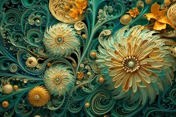 Fascinating surreal ammonite swirls, petal spirals, golden sunflowers, teal green colors, imaginative floral fresco art. Generative AI