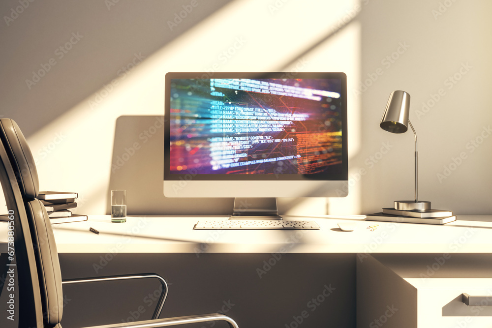 Leinwandbilder Modern computer display with abstract programming language hologram, artificial intelligence and machine learning concept. 3D Rendering
