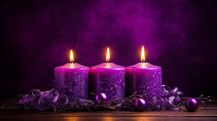 Obraz na płótnie Canvas Advent Purple Candles Background - Mystery Lights and Seasonal Decoration | Seasonal Religious Image