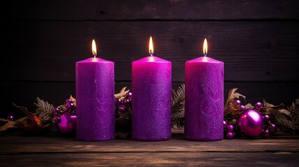 Obraz na płótnie Canvas Advent Purple Candles Background - Mystery Lights and Seasonal Decoration | Seasonal Religious Image