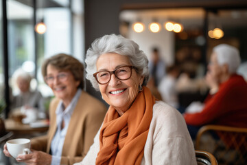 Smiling senior woman sitting in cafeteria looking at camera - obrazy, fototapety, plakaty