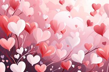 Pink hearts amid trees in a dreamy landscape