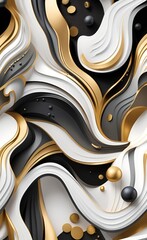 Modern wallpaper mural art. golden, white, gray, and black marble shapes with lines. 3d illustration, Generative AI