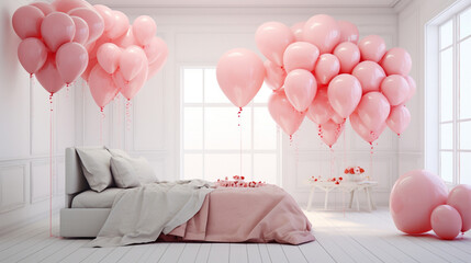 room for lovers with pink balloons, valentine's day concept
