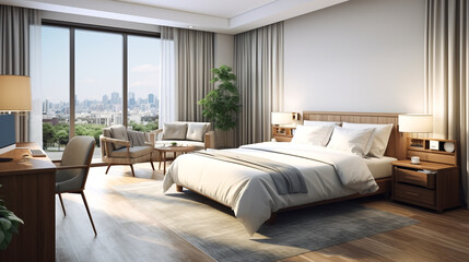 modern bedroom design with large bed and window, cozy details