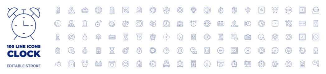 100 icons Clock collection. Thin line icon. Editable stroke. Clock icons for web and mobile app. - obrazy, fototapety, plakaty