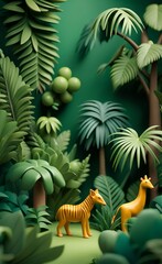 Tropical Trees and safari animals wallpaper design - 3D illustration, Generative AI