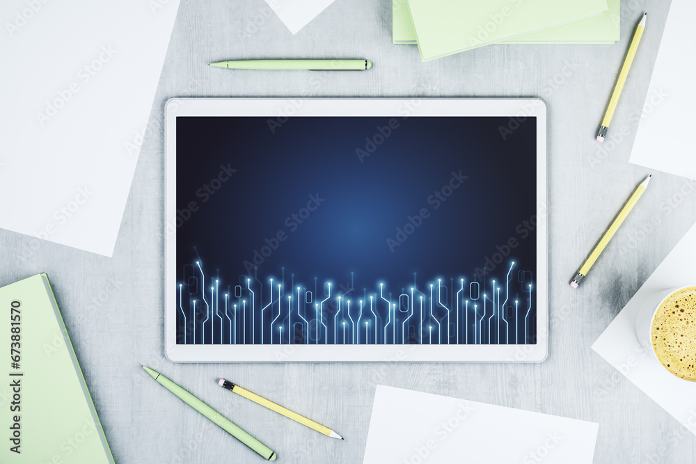Aufkleber Creative concept of microscheme illustration on modern digital tablet screen. Big data and database concept. Top view. 3D Rendering
