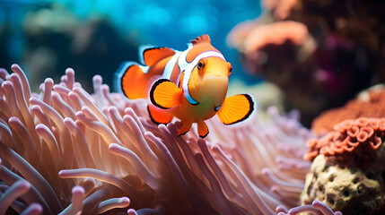 Fototapeta na wymiar A graceful clownfish, with vibrant anemones as the background context, during a lively and colorful marine reef display