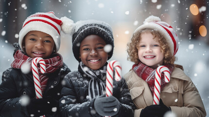 happy children with christmas candy canes in winter city 