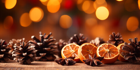 Traditional Christmas spices and dried orange slices on holiday bokeh background with defocus lights