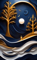 3d mural wallpaper with dark blue background. golden tree, and white moon. wavy lines shapes in modern background, Generative AI